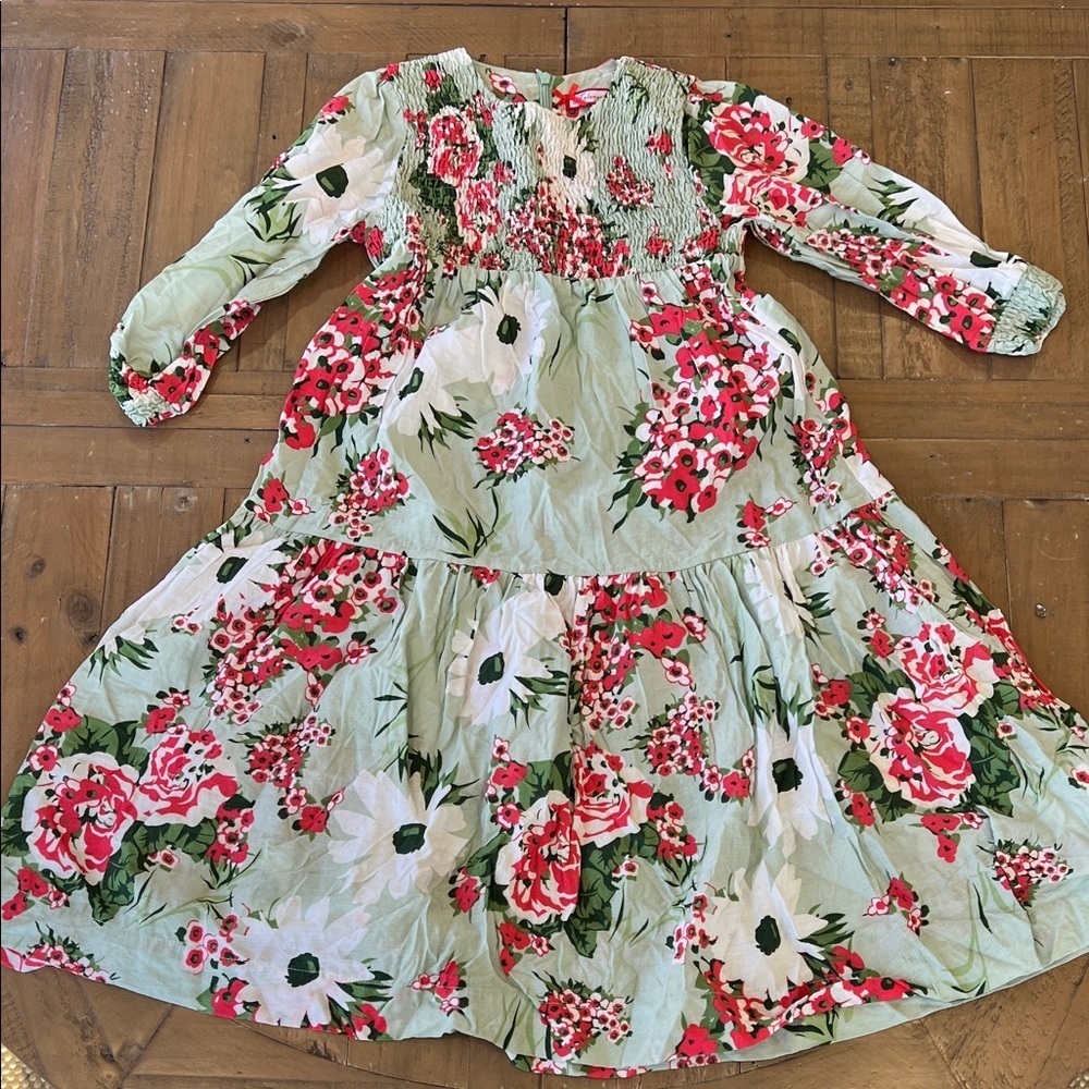 Melange girl green smocked floral print dress 12 years modest spring Easter